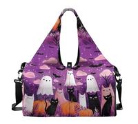 Dserfgiu Bolsa de gimnasio de Halloween para mujer con compartimento para zapatos, bolsillos de almacenamiento en seco y húmedo, bolsa de viaje para esterilla de yoga, bolsa portátil, Gato calabaza