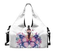Dserfgiu Bolsa de gimnasio para mujer con compartimento para zapatos, bolsillos de almacenamiento en seco y húmedo, bolsa de viaje para esterilla de yoga, bolsa portátil, Niña y flor de mariposa