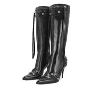 Dsevht Stiletto Black Knee High Boots for Women Sexy Pointed Toe Rivets Tassel Fashion Studded High Heel Tall Long Boot Zipper