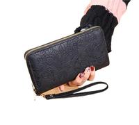 DSFDFDG Cartera Larga con Relieve Floral, Tarjetero de Piel sintética, Monedero Sencillo y Moderno for teléfono, Cartera Pintada a Mano for Mujer(Black)