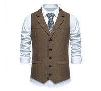 DSFIHJO Chaleco traje Chalecos de hombre estilo retro tweed lana con diseño espiga for negocios, trabajo, cuello a medida, botonadura sencilla Chaleco vestir hombre(Dark Brown,L)