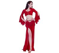 DSFIHJO Ropa de actuación de Danza del Vientre for Mujer, Vestido de Baile Elegante de Diosa, Top + Pantalones con borlas, Ropa de Baile Profesional, 2 uds.(Red,M)