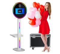 DSLR Photo Booth Machine with Flight Case, Round Shape 15.6 inch Touch Screen Selfie Kiosk Camera Photo Booth for Party Events, Mini PC(8GB+128G) + RGB Light,White
