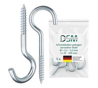 DSM Gancho de tornillo curvado con rosca de madera 5,2 x 100 mm, acero galvanizado, protección contra el óxido, adecuado para madera, hormigón y mampostería, ganchos de pared, ganchos de techo