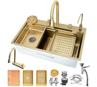 DSMRLEOP 68x45 cm Fregadero de cocina en cascada dorado, 1 Seno lavabo individual de acero inoxidable nano con grifo extensible dorado, juego completo de accesorios, estación de trabajo multifuncional