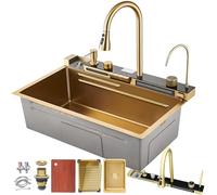 DSMRLEOP 68x45cm Gran fregadero de cocina diseño cascada, acabado en oro de acero inoxidable, 1 cuenco, fregadero con grifo extensible todo en uno, lavavajillas para vasos y escurridor, fregadero de