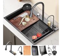 DSMRLEOP 68x46cm Fregadero de cascada negro, fregadero de cocina multifuncional fregadero de acero inoxidable, 1 lavabo fregadero con grifo multifuncional y otros accesorios
