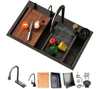 DSMRLEOP 70x50cm Fregadero de cascada de acero inoxidable negro, 1 cuenco, fregadero de cocina multifuncional con grifo de alta presión, juego completo de accesorios y opciones de instalación versátil