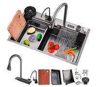 DSMRLEOP Fregadero cascada de 1 Cubeta, Multifuncional Fregadero de cocina, juego de Fregadero de Acero Inoxidable doméstico, fregadero fregadero negro con sifón, rebosadero y desagüe así como otros a
