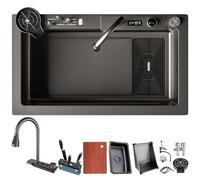 DSMRLEOP Fregadero cascada de 1 Cubeta, Multifuncional Fregadero de cocina, juego de Fregadero de Acero Inoxidable doméstico, fregadero fregadero negro con sifón, rebosadero y desagüe así como otros a