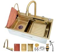 DSMRLEOP Fregadero de cocina, 1 cubeta dorada con grifo extraíble, lavavajillas de cristal y todos los accesorios, fregadero de cocina de acero inoxidable rectangular, fregadero inteligente tipo