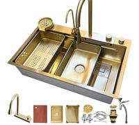 DSMRLEOP Fregadero de cocina, 1 seno dorado con grifo extensible, enjuagador de cristal y todos los accesorios, fregadero rectangular de acero inoxidable, fregadero inteligente en cascada (75 x 50 cm)