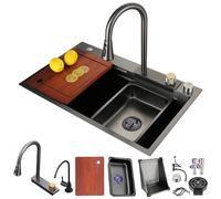 DSMRLEOP Fregadero de cocina de acero inoxidable negro, 70x50cm estación de trabajo multifuncional con grifo de cascada extraíble, lavavajillas de alta presión, sifón con cesta de drenaje