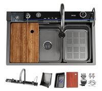 DSMRLEOP Fregadero de cocina, diseño cascada y acabado negro de acero inoxidable, fregadero grande de una sola cuenca, fregadero de preparación de nanorrevestimiento, con grifo extensible todo en uno