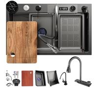 DSMRLEOP Fregadero de cocina en cascada negro, 1 lavabo, fregadero de cocina, acero inoxidable, rectangular, sifón, juego de rebosadero y desagüe, fregadero moderno multifuncional, fregadero en