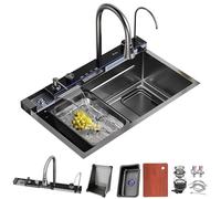 DSMRLEOP Fregadero de cocina grande de 85 x 50 cm, diseño de cascada, acabado en acero inoxidable negro, 1 lavabo, fregadero con grifo extensible todo en uno, lavavajillas para vasos y escurridor