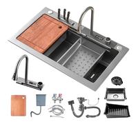 DSMRLEOP Fregadero de cocina grande de un solo tazón de acero inoxidable 304 con cascada, fregadero de granja gris, fregadero de un solo tazón con estación de trabajo y grifo extraíble con pantalla