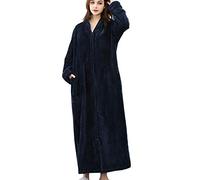 DSNOW - Albornoz largo de forro polar con cremallera para mujer, con diseño de gofre y toalla esponjosa, bata de dormir, azul marino, XL