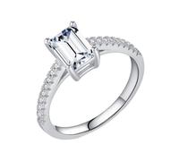 Dsnyu Alianza de boda para mujer con moissanita, anillo de compromiso vintage de oro blanco de 9 K/14 quilates, forma de esmeralda, elegante 4 puntas con caja de joyería, P 1/2, Moissanita