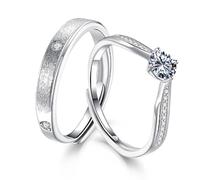 Dsnyu Anillo de compromiso para pareja de plata 925, anillo de compromiso elegante con circonita solitaria, forma redonda, plata, tamaño ajustable