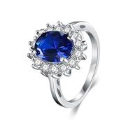 Dsnyu Anillos de zafiro creados en laboratorio para mujer, anillos de boda vintage de oro blanco de 9 K/14 quilates, forma ovalada, halo de flores de lujo con caja de joyería, K 1/2, Zafiro creado en