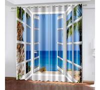 Dsnyu Cortinas de 160 cm de alto, cortinas decorativas, color blanco, azul y verde, poliéster con ventana con vistas al mar, juego de 2 unidades, 96 x 160 cm (ancho x alto)