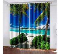 Dsnyu Cortinas de cocina modernas, cortinas para ventana, verde y azul, poliéster, mar, playa, palmera, paisaje, decoración, juego de 2 unidades, 86 x 138 cm (ancho x alto)