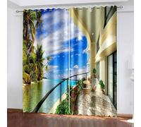 Dsnyu Cortinas opacas de 108 pulgadas, para ventana, balcón, mar y palmeras de coco, paisaje, poliéster, color azul, verde, amarillo, 2 paneles de 84 pulgadas de ancho x 108 pulgadas de largo