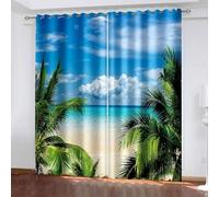 Dsnyu Cortinas opacas de 228.6 cm, cortinas de sala de estar, palmera, vista al mar, playa, poliéster, cortinas verdes y azules para cocina, dormitorio, 2 paneles de 60 pulgadas de ancho x 90 pulgadas