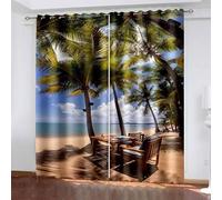 Dsnyu Cortinas opacas de 96 pulgadas de largo, cortina opaca con palmera, mar, playa, paisaje, poliéster, color verde amarillento, marrón, 2 paneles de 52 pulgadas de ancho x 96 pulgadas de largo