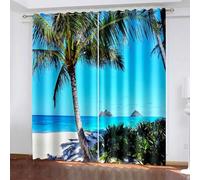 Dsnyu Cortinas opacas para ventana, 213 cm de largo, juego de 2 paneles, palmera, mar, playa, paisaje, azul y verde, 2 piezas, 213 cm de ancho x 213 cm de largo