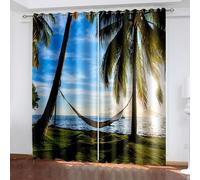 Dsnyu Cortinas opacas para ventana, cortina de poliéster, para exteriores, azul, verde, hamaca y mar, juego de 2 unidades, 96 x 214 cm (ancho x alto)