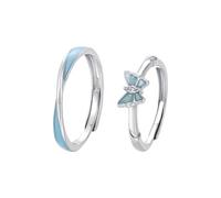 Dsnyu Juego de anillos 925 para parejas, anillos a juego para él y ella, cinta luminosa y mariposa plateada, regalo de cumpleaños, día de San Valentín, Adjustable, No es una piedra preciosa