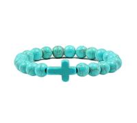Dsnyu Pulseras para hombre con cruz, pulseras elásticas para mujer, pulseras de cuentas de piedra turquesa, forma redonda, joyería de moda, 1 unidad, 7.48", Turquesa