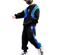 DSOUWEH Conjunto de ropa de otoño para niños, chándal de moda holgado con empalme deportivo para niños de 2 piezas con letras bordadas de algodón para niños, Negro, ciento cincuenta