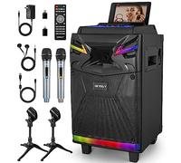DSP Altavoz Karaoke Portátil, 2 Micrófonos Inalámbricos, Sistema PA 10", Auriculares incluidos, Luz de Fiesta DJ/Efectos de Sonido/Bluetooth/Luces DJ/FM/USB-C GTSK10-1