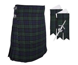 DSS KILTS - Kilt escocesa de tartán para hombre con destellos de calcetín a juego y pin de falda escocesa de cardo, Reloj negro, 36