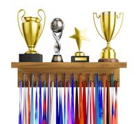 DSVENROLY Estante Organizador para Medallas y Trofeos, Soporte Robusto de Madera para Premios de Carreras con 25 Ganchos de Acero, Soporte de Almacenamiento de Pared para Fans de Deportes, Celebra el