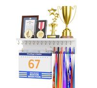 DSVENROLY Organizador de estante de trofeos de madera, soporte para medallas de carreras, 29 ganchos y 30 baberos de carreras (color blanco)
