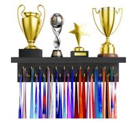 DSVENROLY Organizador de estante para medallas con trofeos de madera, resistente soporte para medallas con 25 ganchos de acero, trofeos fáciles de instalar (negro, 1 unidad)