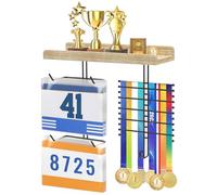 DSVENROLY Soporte para medallas con organizador de trofeos, soporte de exhibición estable de madera con gancho para números de partida, soporte de pared para premios para fanáticos de los deportes