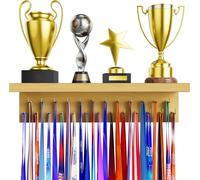DSVENROLY Soporte para medallas, organizador de medallas, soporte estable de madera con 25 ganchos de acero, soporte para medallas para montaje en pared (1 pieza de madera natural)
