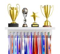 DSVENROLY Soporte para medallas, organizador de trofeos, estante de madera resistente con 25 ganchos de acero, colgador de medallas de montaje en pared para medallas de carreras, trofeos, fácil de