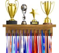 DSVENROLY Soporte para medallas, organizador de trofeos, estante de madera resistente con 25 ganchos de acero, colgador de medallas de pared para medallas de carreras, trofeos (1 unidad, marrón)