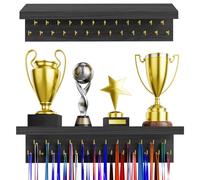 DSVENROLY Soporte para medallas, organizador de trofeos, estante de madera resistente para colgar medallas con 25 ganchos de acero, soporte de almacenamiento de premios de pared para fanáticos de los
