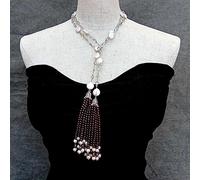 DSZUJTYROP 12mm Cultured White Coin Pearl Gold Plated Rosary Chain Necklace Garnet Tassel Long Lariat Necklace