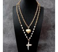 DSZUJTYROP 2 Strands White Pearl Gold Plated Chain Necklace 30x25mm Cross Pearl 35x53mm Crucifix Pendant Charm