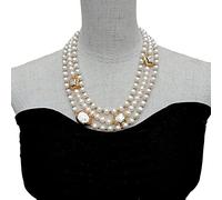 DSZUJTYROP 3 Strands Cultured White Freshwater Round Pearl Flower Olive Shape Pearl statement necklace 18" wedding for women