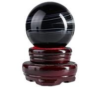 DSZUJTYROP Black Agate Crystal Ball Ornaments with Wooden Stand, Feng Shui Gemstone Sphere Orb, for Room & Office Decor,6~6.5cm