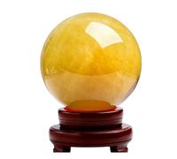 DSZUJTYROP Citrine Crystal Ball Feng Shui Yellow Stone Sphere Ornament with Wooden Base Attract Wealth Sculpture Figurine for Family Decorative,10cm/3.9in